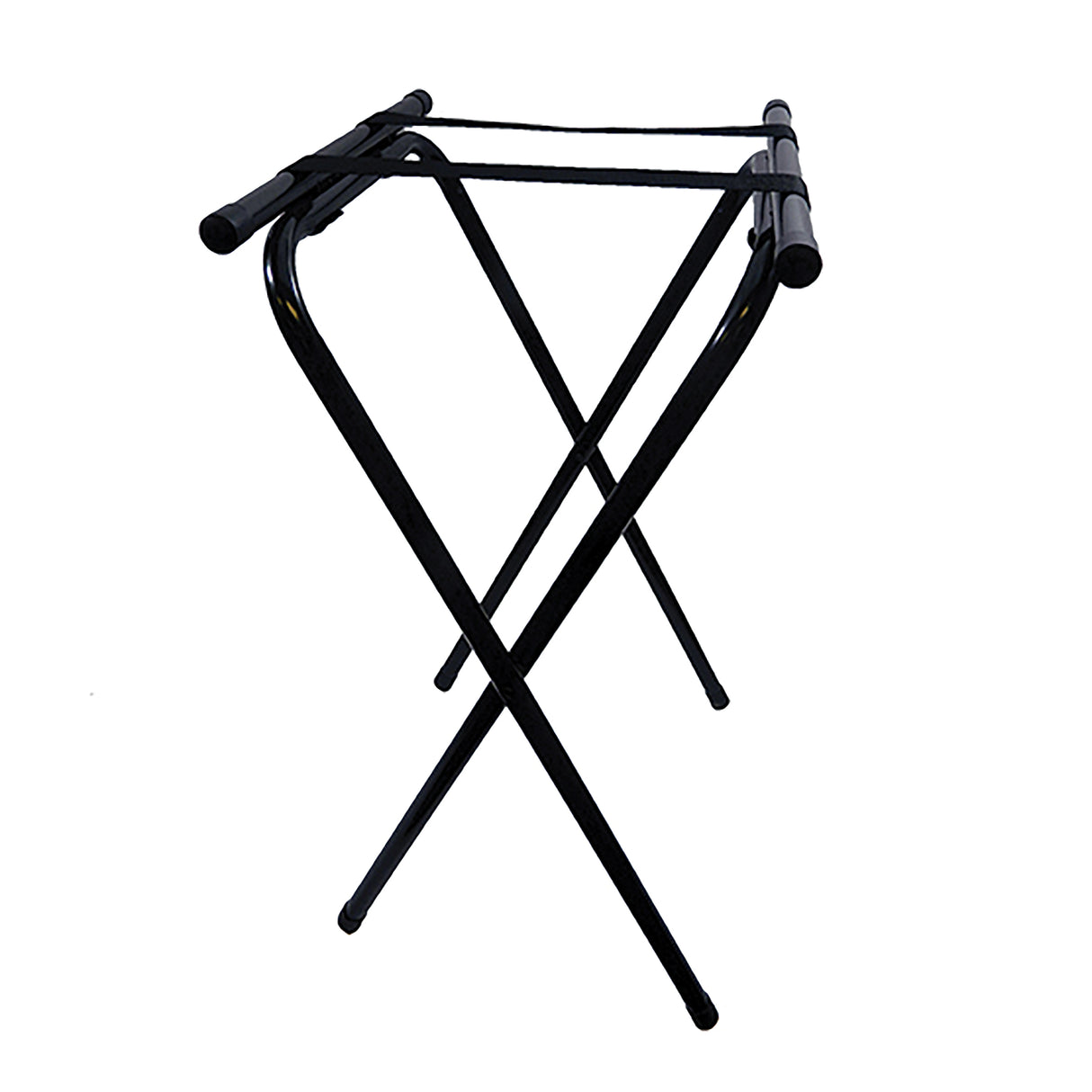 A black powder coated metal folding luggage rack with crossed legs and two parallel support straps across the top, designed for holding suitcases, is shown against a plain white background—perfect as a tray stand from TableCraft.