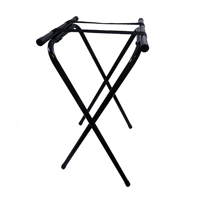 A black powder coated metal folding luggage rack with crossed legs and two parallel support straps across the top, designed for holding suitcases, is shown against a plain white background—perfect as a tray stand from TableCraft.