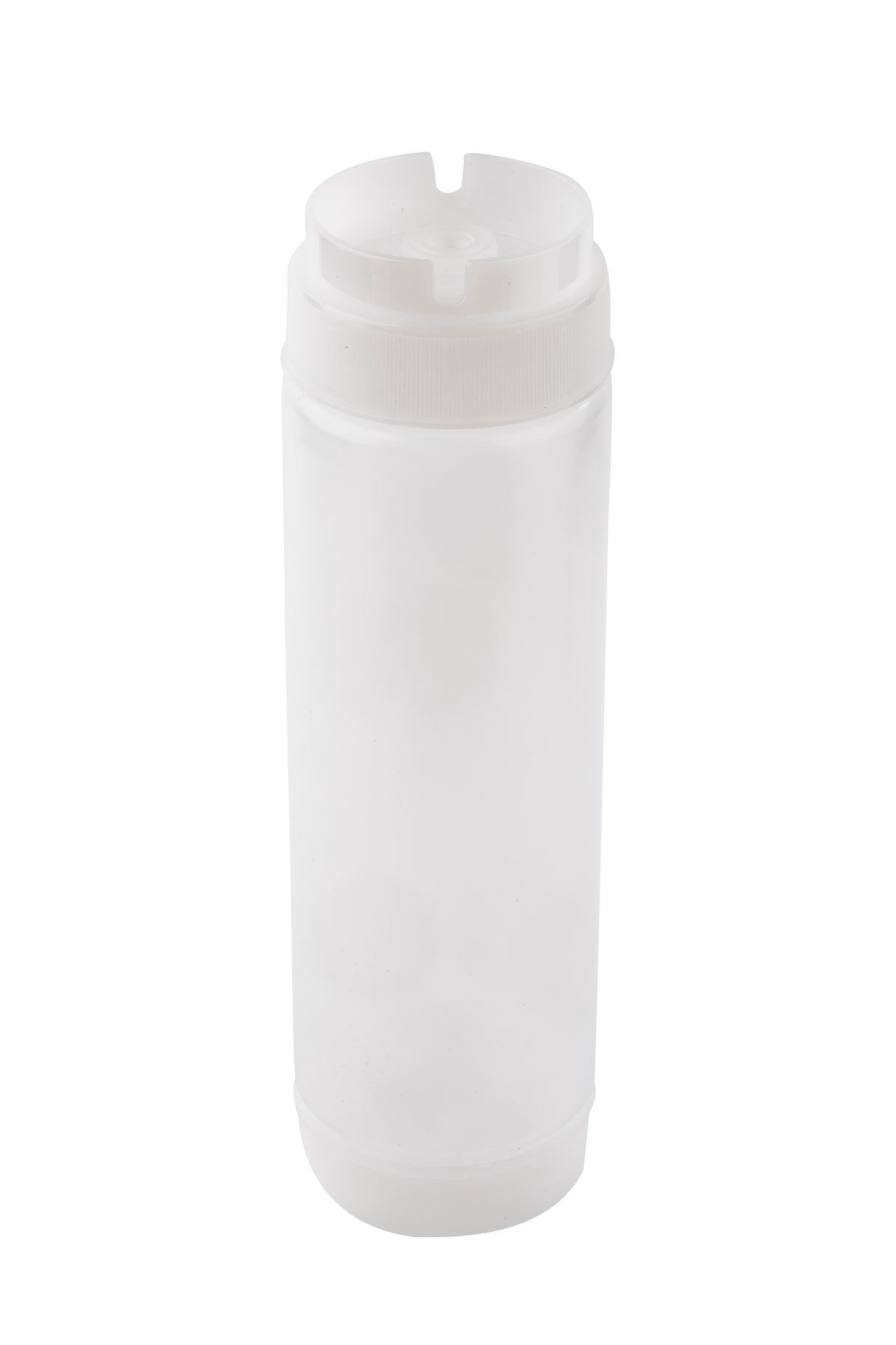 A tall, cylindrical, translucent white plastic squeeze dispenser bottle with a flip-top ValveTop lid. The smooth-sided NSF-approved bottle stands upright on a white background with no labels or markings.