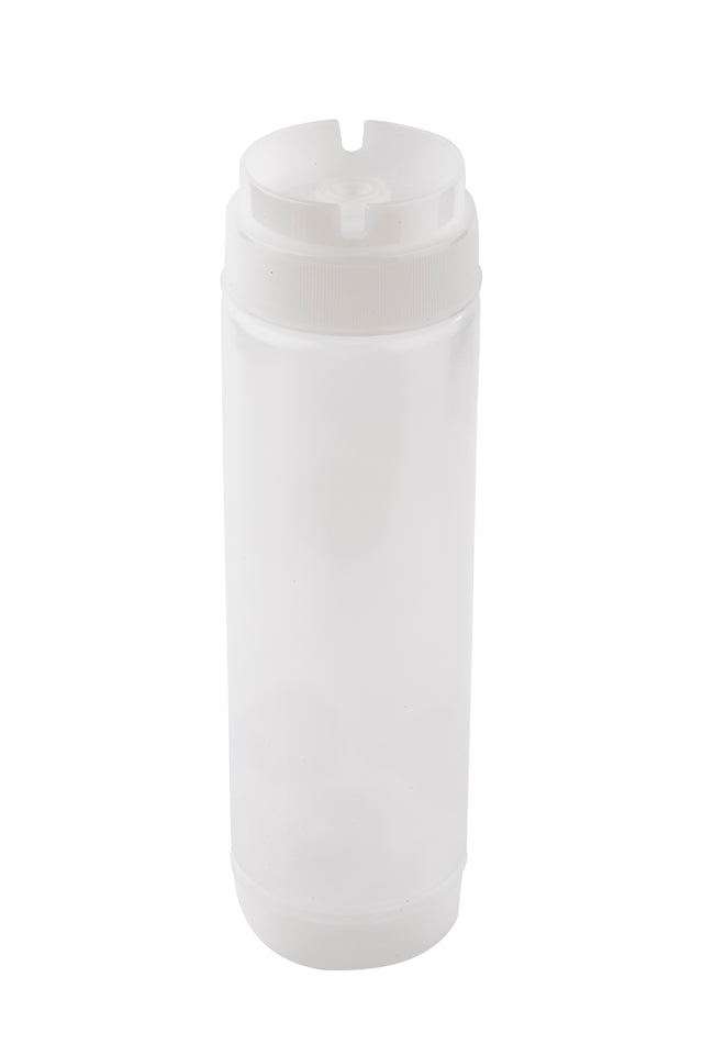 A tall, cylindrical, translucent white plastic squeeze dispenser bottle with a flip-top ValveTop lid. The smooth-sided NSF-approved bottle stands upright on a white background with no labels or markings.