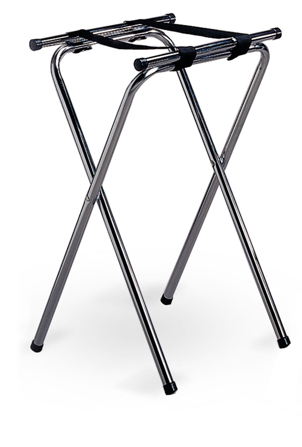 A metal luggage rack with chrome plated, crossed legs and black nylon straps on top, designed to support suitcases. The rack, similar to a tray stand, is standing on a white background.