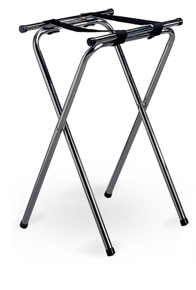 A metal luggage rack with chrome plated, crossed legs and black nylon straps on top, designed to support suitcases. The rack, similar to a tray stand, is standing on a white background.