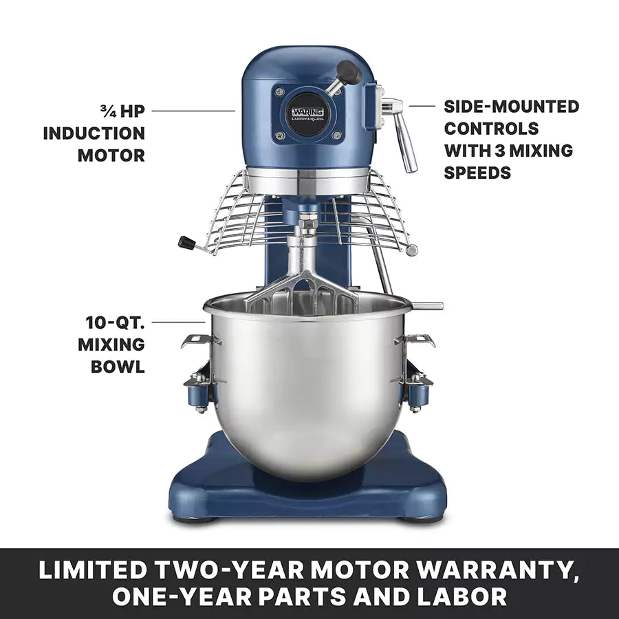 The Luna Planetary Mixer is a blue 10 qt mixer with a ¾ HP induction motor, side-mounted controls for 3 mixing speeds, and a limited two-year motor warranty plus one-year parts and labor, all displayed on a white background.