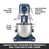 The Luna Planetary Mixer is a blue 10 qt mixer with a ¾ HP induction motor, side-mounted controls for 3 mixing speeds, and a limited two-year motor warranty plus one-year parts and labor, all displayed on a white background.
