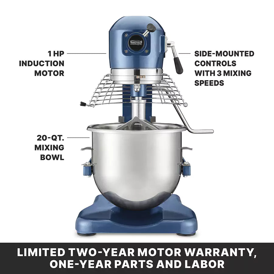 The Luna Planetary Mixer is a blue 20 qt mixer with a powerful 1 HP induction motor, side-mounted controls featuring 3 mixing speeds, a stainless steel bowl, included dough hook, and a warranty notice at the bottom.