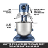 The Luna Planetary Mixer is a blue 20 qt mixer with a powerful 1 HP induction motor, side-mounted controls featuring 3 mixing speeds, a stainless steel bowl, included dough hook, and a warranty notice at the bottom.