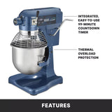 A blue Luna Planetary Mixer features a large metal mixing bowl, wire bowl guard, integrated 99-minute countdown timer, and built-in thermal overload protection. Shown with a dough hook attachment. The image is captioned “FEATURES” at the bottom.
