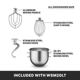Four mixer attachments and a bowl are labeled on a white background: an aluminum mixing paddle, stainless steel chef’s whisk, stainless steel dough hook, and 20-quart stainless steel mixing bowl—all dishwasher safe for your Luna Planetary Mixer. “INCLUDED WITH WSM20LT.”.