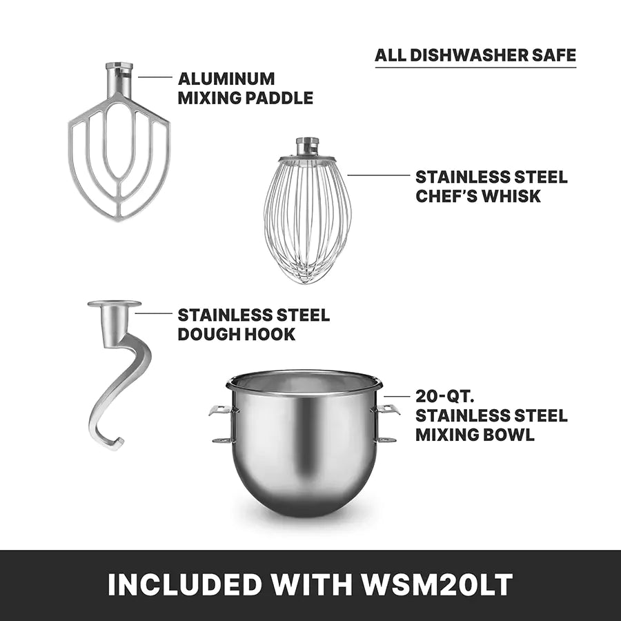 Image showing four stand mixer attachments labeled: an aluminum mixing paddle, a stainless steel chef’s whisk, a stainless steel dough hook, and a 20-quart stainless steel mixing bowl—all dishwasher safe and included with the Luna Planetary Mixer.
