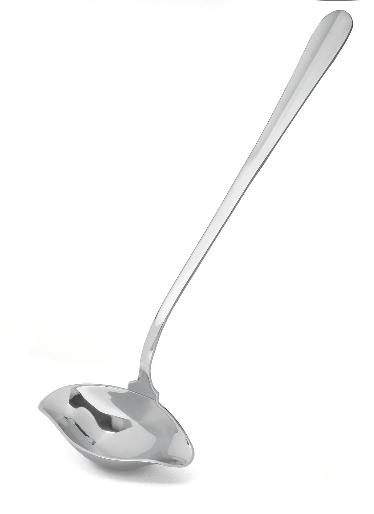 A shiny TableCraft chrome plated ladle with a deep, rounded bowl and a long, slightly curved handle is shown against a plain white background. The ladle reflects light, highlighting its smooth, polished surface.
