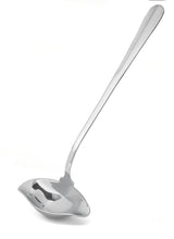 A shiny TableCraft chrome plated ladle with a deep, rounded bowl and a long, slightly curved handle is shown against a plain white background. The ladle reflects light, highlighting its smooth, polished surface.