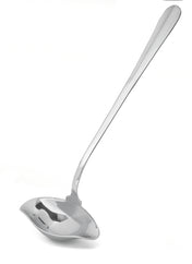 A shiny TableCraft chrome plated ladle with a deep, rounded bowl and a long, slightly curved handle is shown against a plain white background. The ladle reflects light, highlighting its smooth, polished surface.