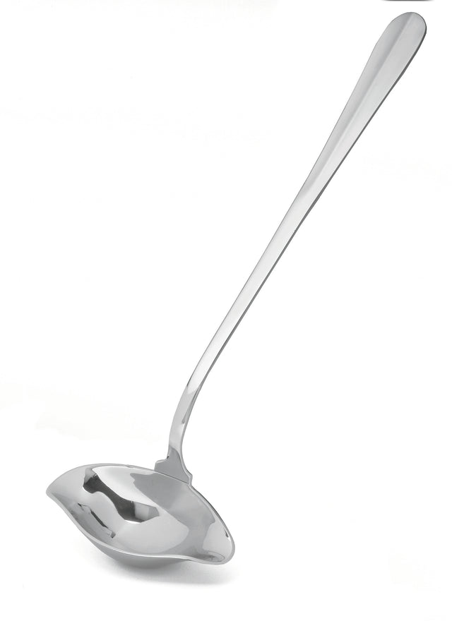 A shiny TableCraft chrome plated ladle with a deep, rounded bowl and a long, slightly curved handle is shown against a plain white background. The ladle reflects light, highlighting its smooth, polished surface.
