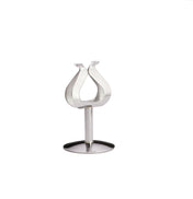 A stainless steel stand with a flat circular base and vertical rod supports a curved, harp clip shaped like an abstract tulip or lyre, designed as a number holder to display items upright against a plain white background.