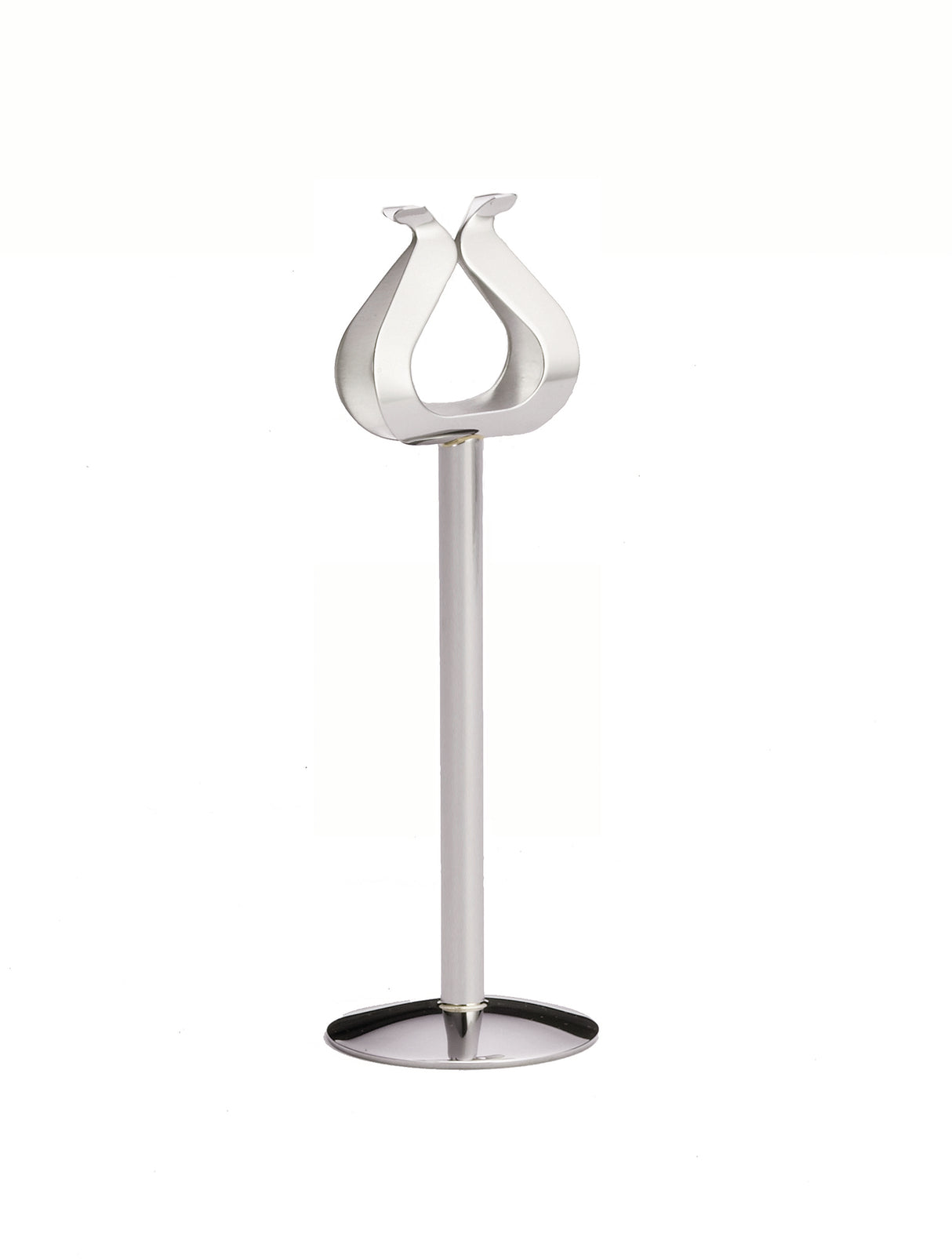 A modern, silver-colored stainless steel stand with a round, flat base and a vertical pole supporting an open, tulip-shaped number holder at the top. The design is sleek and minimalist, set against a plain white background.