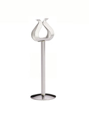 A modern, silver-colored stainless steel stand with a round, flat base and a vertical pole supporting an open, tulip-shaped number holder at the top. The design is sleek and minimalist, set against a plain white background.