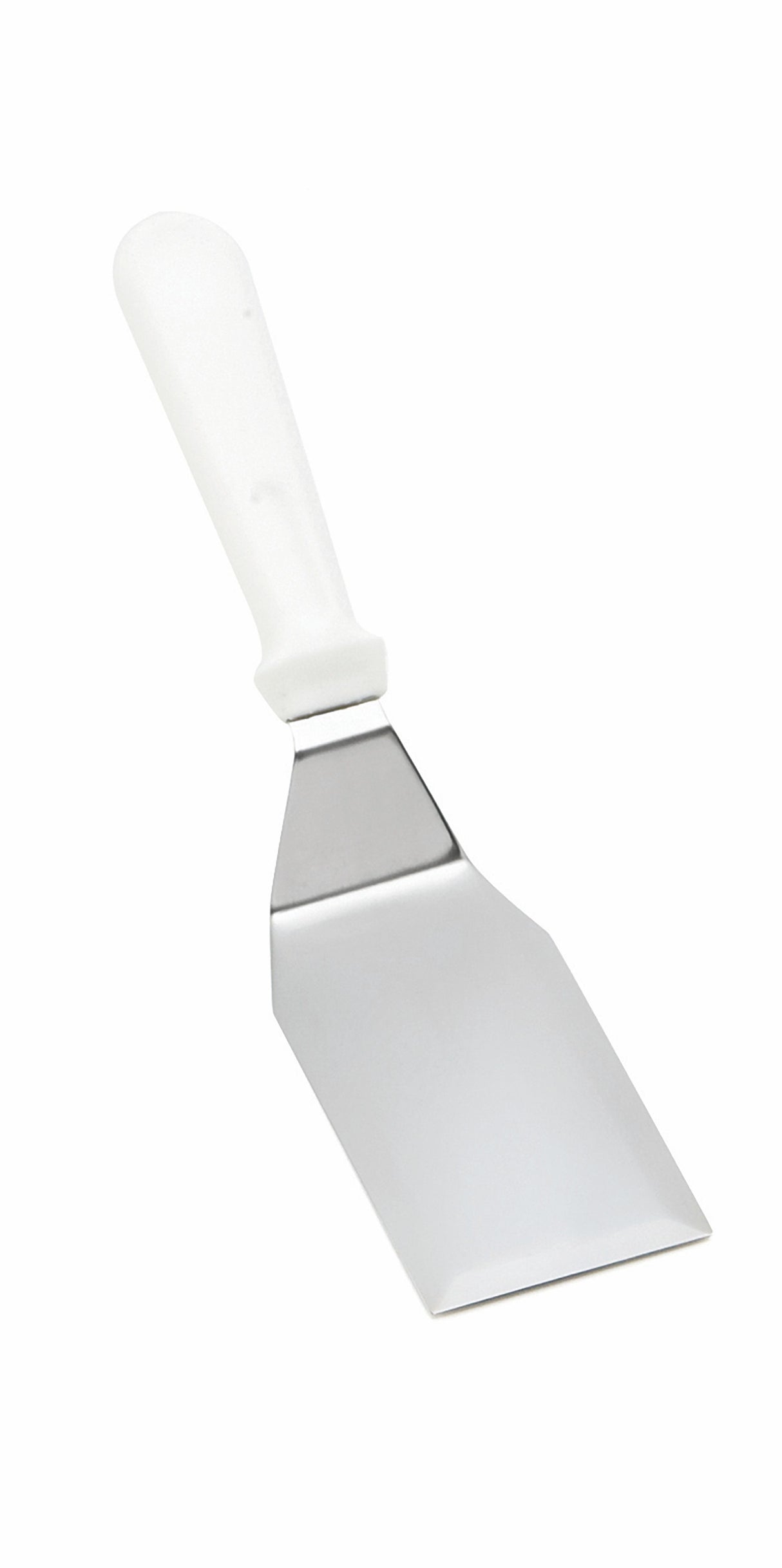 A metal turner with a white ergonomic handle, featuring a flat, rectangular stainless steel blade that tapers at the end. Comfortable to grip and dishwasher safe, the spatula is displayed against a plain white background.