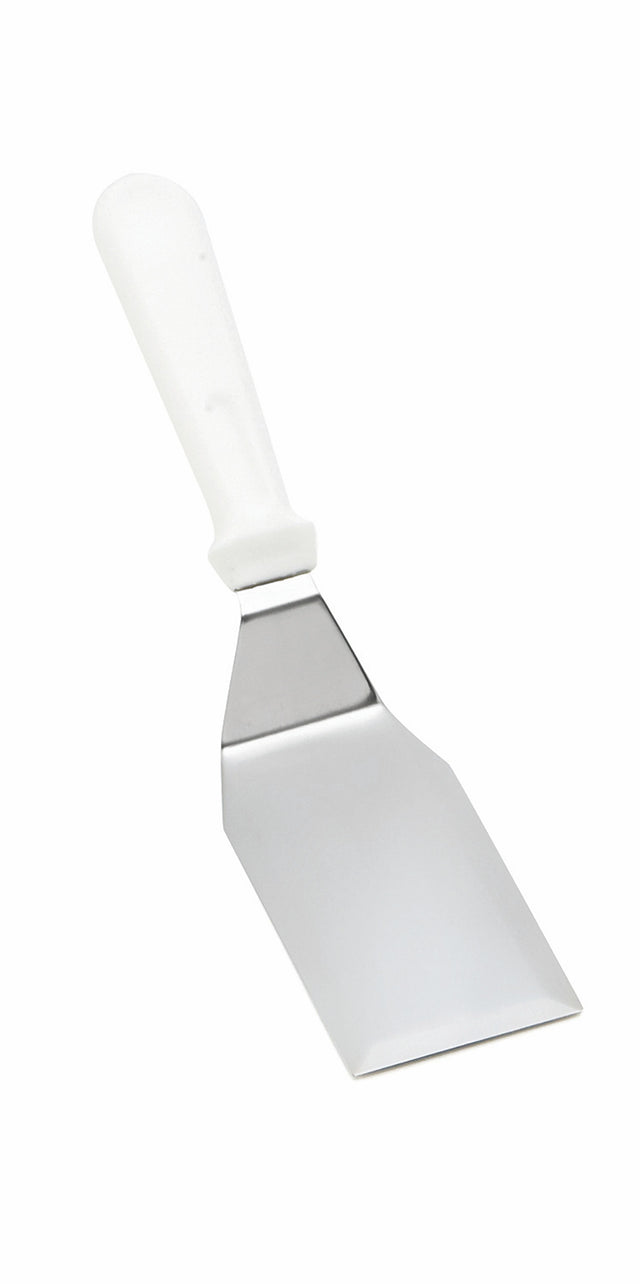 A metal turner with a white ergonomic handle, featuring a flat, rectangular stainless steel blade that tapers at the end. Comfortable to grip and dishwasher safe, the spatula is displayed against a plain white background.
