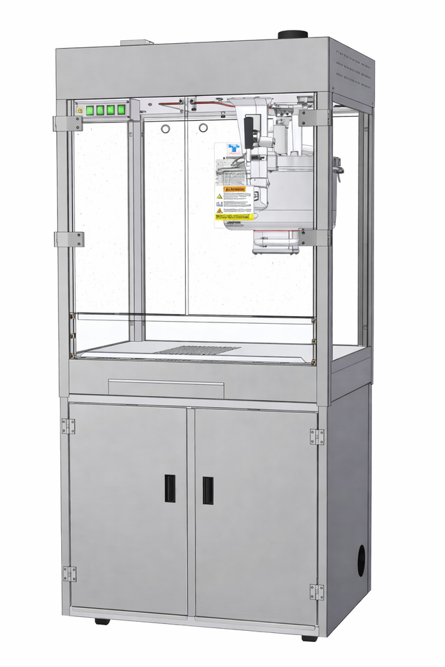 A metal industrial machine with a transparent front panel, control buttons on the top left, and a stainless steel cabinet below. Inside, the Discovery 32 oz. Popcorn Popper features a robotic arm mechanism and visible warning labels for safety.
