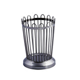 A cylindrical TableCraft bread stick holder with vertical stainless steel bars and a solid circular base. The open design has rounded wire tops and a shiny, reflective finish, perfect for holding utensils or serving bread sticks.