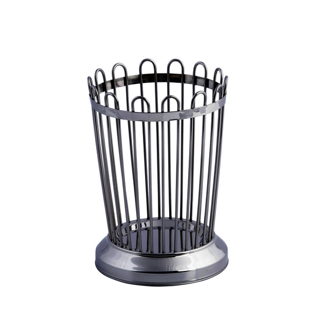 A cylindrical TableCraft bread stick holder with vertical stainless steel bars and a solid circular base. The open design has rounded wire tops and a shiny, reflective finish, perfect for holding utensils or serving bread sticks.