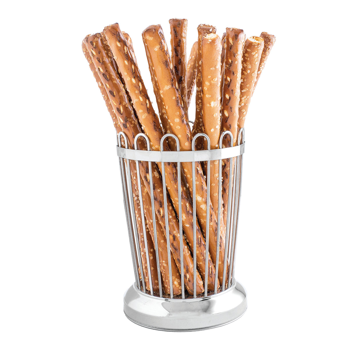 A bundle of long, salted pretzel rods stands upright in a stainless steel bread stick holder with a shiny, circular base. The golden-brown pretzels feature visible salt crystals, and the holder resembles a cylindrical cup or basket.
