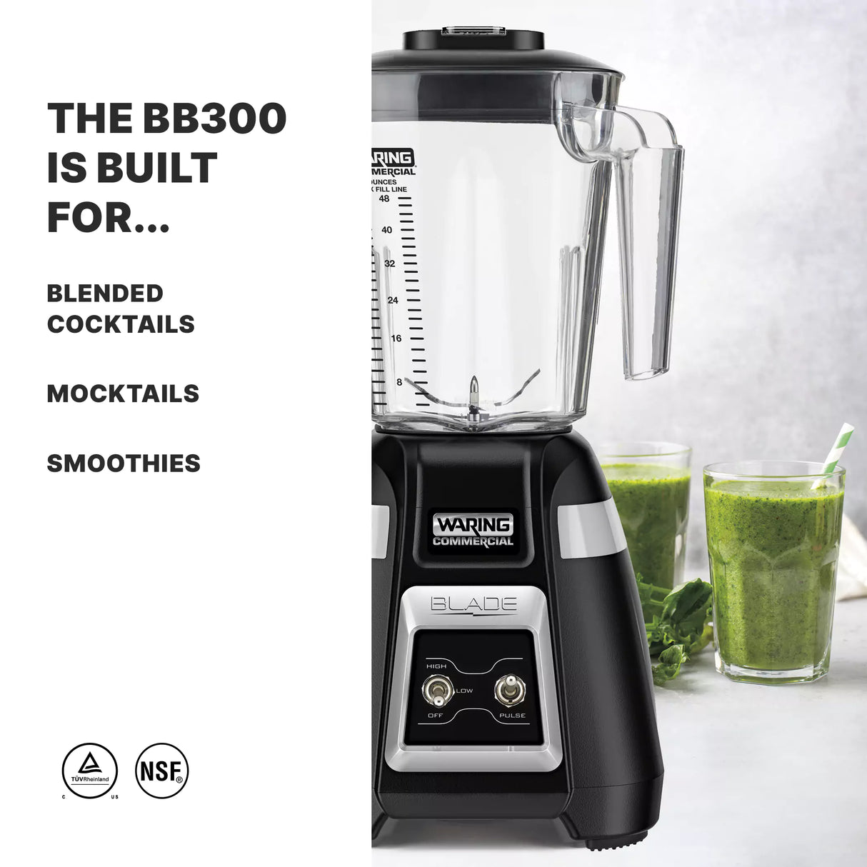 A Waring Commercial bar blender with a copolyester container is shown alongside two glasses of green smoothies. Text on the left reads: THE BB300 IS BUILT FOR... BLENDED COCKTAILS, MOCKTAILS, SMOOTHIES. Leafy greens sit nearby on a white surface.
