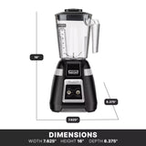 A black and silver Bar Blender with a clear 1.4 liter copolyester container sits against a white background. Lines indicate its dimensions: 16 inches tall, 7.625 inches wide, and 8.375 inches deep. The words DIMENSIONS and the measurements are displayed at the bottom.