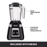 A black and silver Waring bar blender is shown with labels pointing to its clear 48 oz. copolyester container and a sturdy base featuring a toggle switch and labeled 1 HP motor base. Below, text reads: INCLUDED WITH BB300.