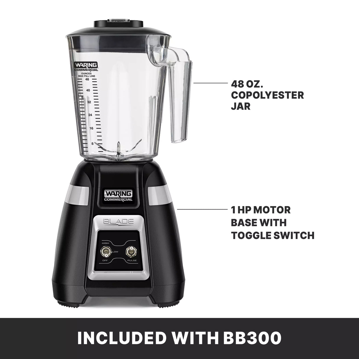 A black and silver Waring Bar Blender with a clear 1.4 liter copolyester container and handle is shown. Labeled parts include the jar and a 1 HP motor base with toggle switch. Text below reads “INCLUDED WITH BB300.” Suitable for international use.