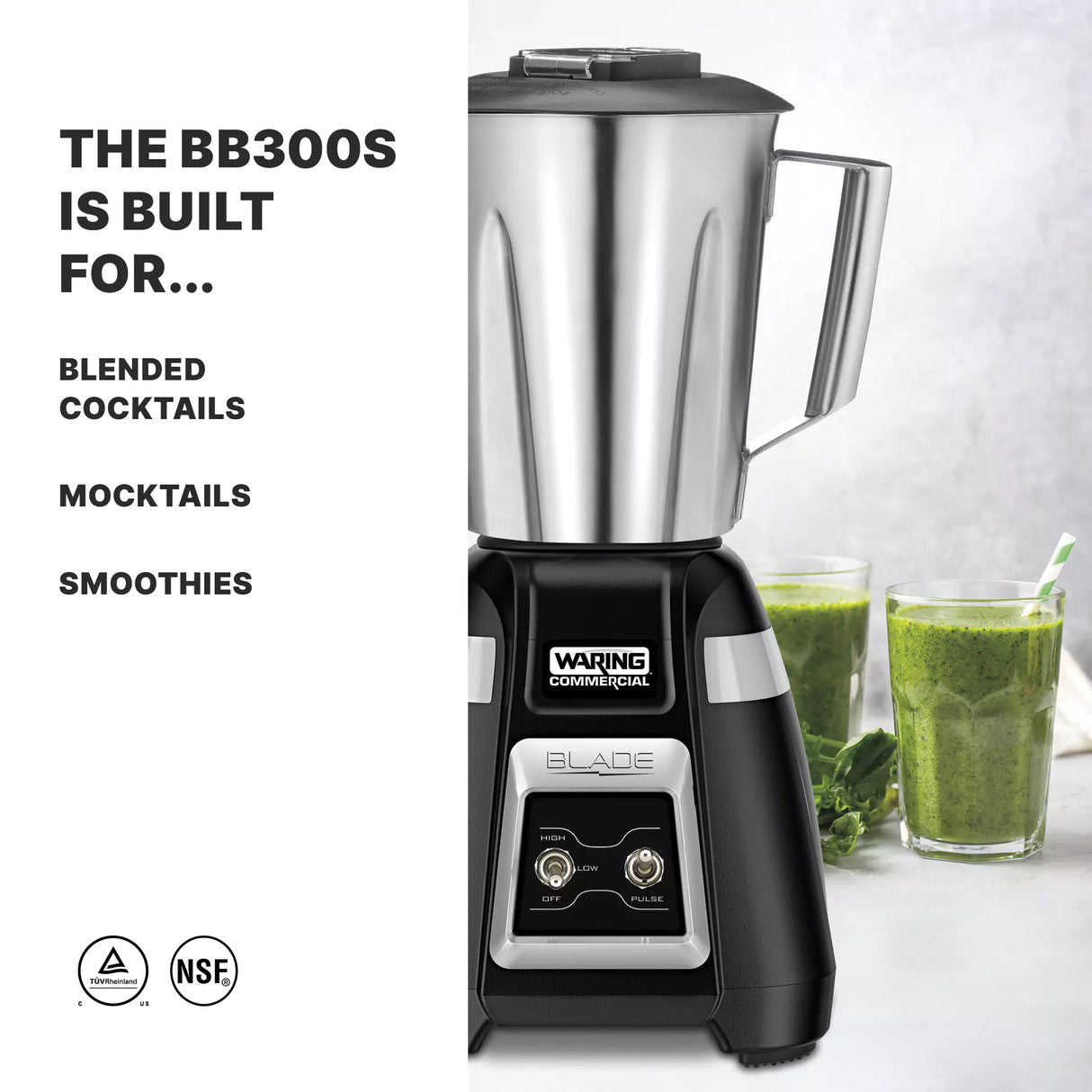 A stainless steel bar blender on a counter beside two green smoothies in glasses, leafy greens, and a spoon. On the left, text reads: The BB300S with stainless steel container is built for international use—blended cocktails, mocktails, smoothies. Certification logos below.