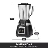A bar blender with a stainless steel container sits on a black base, labeled with its dimensions: 16 inches tall, 8.5 inches wide, and 8.375 inches deep. Below, a black bar displays these measurements and the word DIMENSIONS in bold white text.