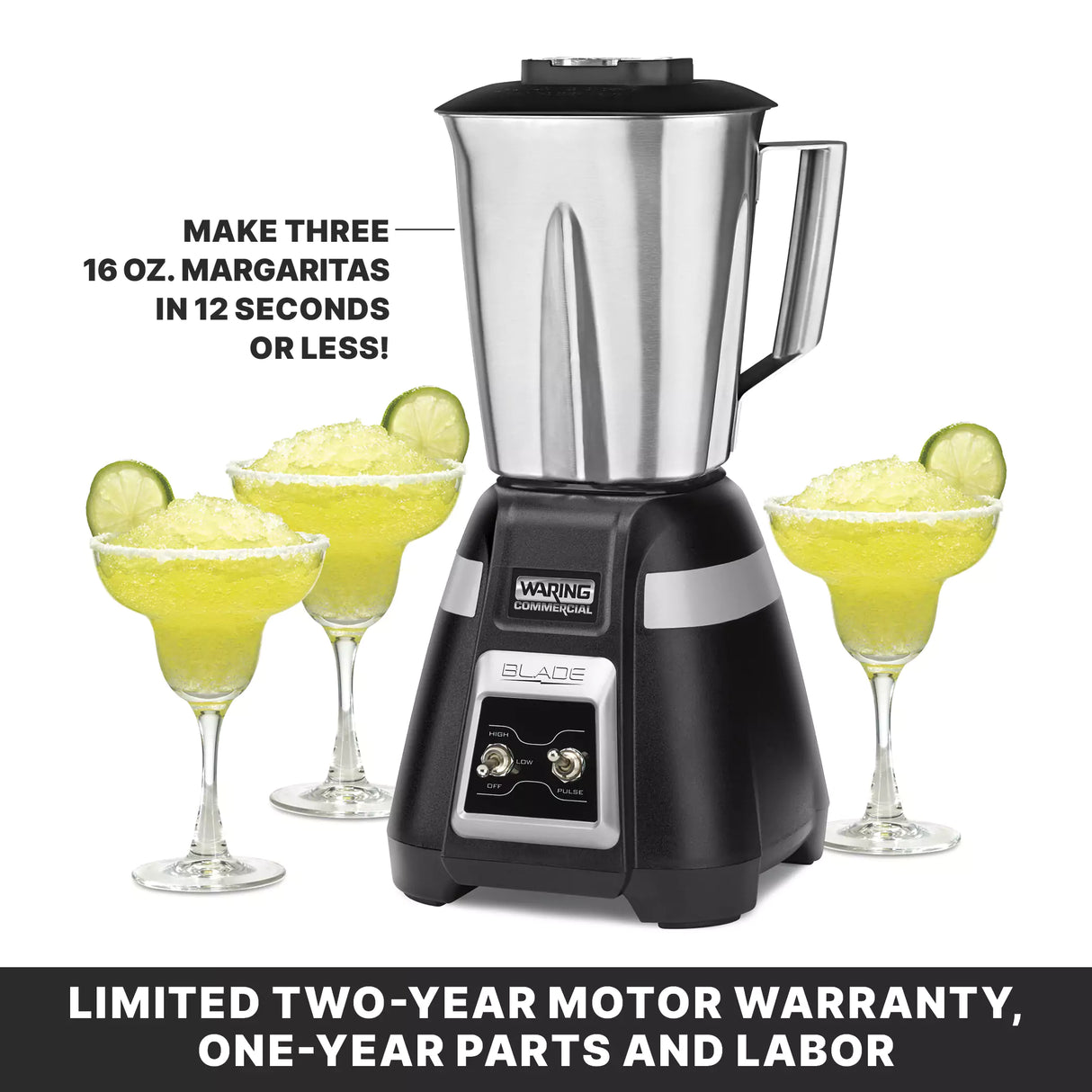 A bar blender with a stainless steel container sits centered, surrounded by three margarita glasses filled with yellow frozen margaritas, each garnished with a lime slice. Text at the bottom highlights speed, warranty, and international use.