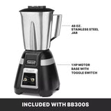 A Waring Commercial bar blender with a 48 oz. stainless steel container, metal handle, and a black 1 HP motor base labeled BLADE with two toggle switches. Text showcases the jar and motor features. Banner below reads: INCLUDED WITH BB300S.