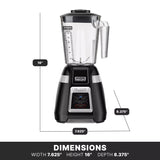 A black and silver Bar Blender with a clear 1.4 liter copolyester container is shown. Labeled lines indicate dimensions: width 7.625, height 16, and depth 8.375. The front control panel features buttons and a digital display.