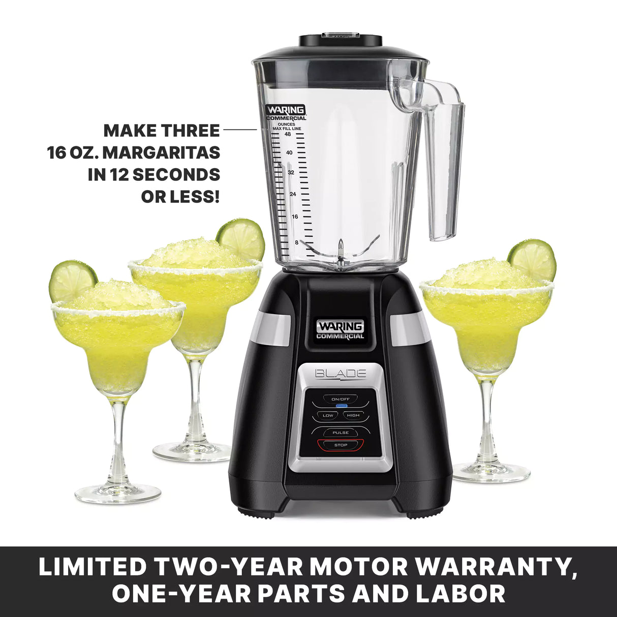 A black Waring Bar Blender sits center with a clear, lidded 1.4 liter copolyester container. Three filled margarita glasses with lime slices surround it. Text highlights “Make three 16 oz. margaritas in 12 seconds or less!” Plus, a limited two-year motor warranty.