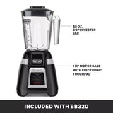 A black and silver Bar Blender with a clear 1.4 liter copolyester container and electronic touchpad controls on a powerful 1 HP motor base. Text highlights key features. Bottom text reads: INCLUDED WITH BB320 on a black background, ideal for international use.