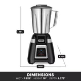 A stainless steel Waring Bar Blender with a handle sits on a black and silver base. Dimensions are 16 inches tall, 7.625 inches wide, and 8.375 inches deep. The blender features labeled buttons, a digital screen, and is ideal for international use.