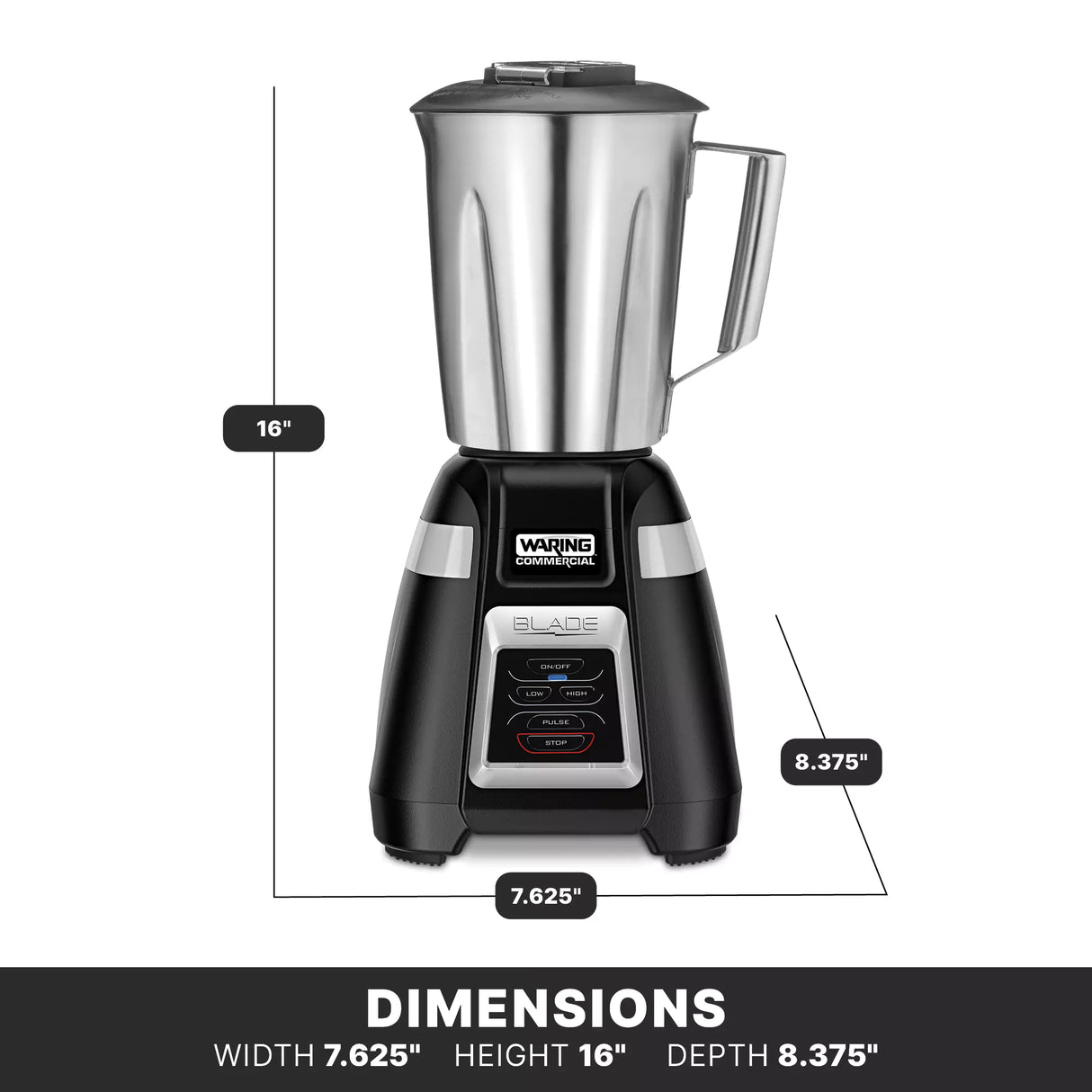 A black and silver Waring commercial bar blender is shown with measurements: height 16 inches, width 7.625 inches, depth 8.375 inches. Features a stainless steel container with handle, control buttons, and a clear dimensions label at the bottom.