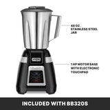 A bar blender featuring a 1 HP motor base, an electronic touchpad, and a 48 oz. stainless steel container. The labeled image highlights its parts and states INCLUDED WITH BB320S at the bottom.