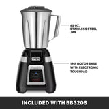 A bar blender with a stainless steel container, this upright model features a labeled 48 oz. jar, 1 HP motor base, and electronic touchpad. Text below reads INCLUDED WITH BB320S. Three visible touchpad buttons complete its design.
