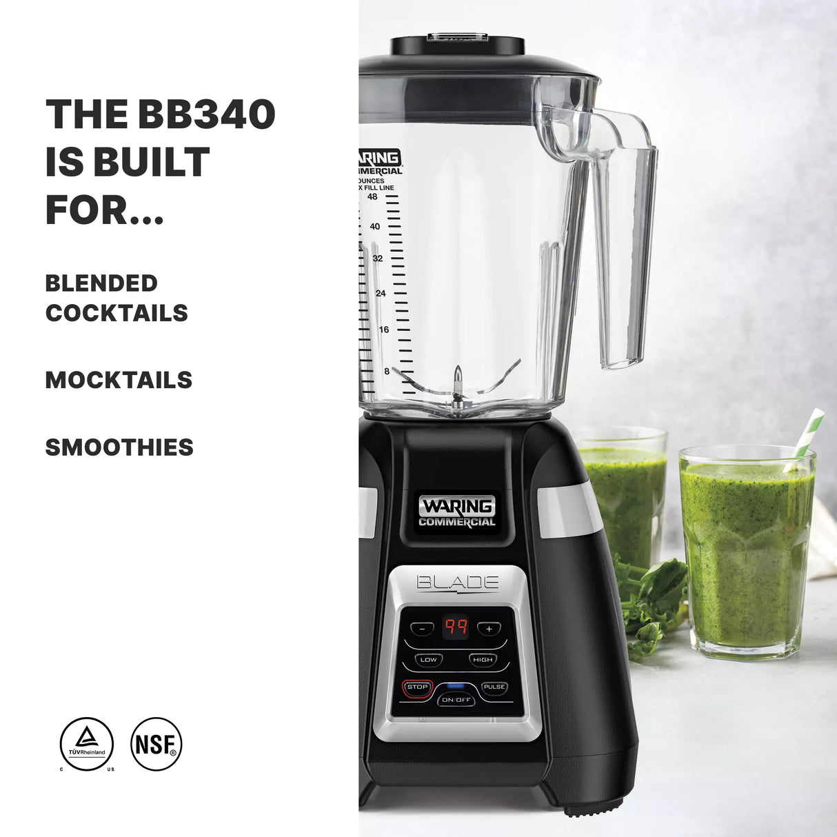 A powerful black Waring Commercial Bar Blender with a 1.4 liter copolyester container sits on a countertop beside two glasses of green smoothies and leafy greens. Text reads: “The BB340 is built for… blended cocktails, mocktails, smoothies.”.