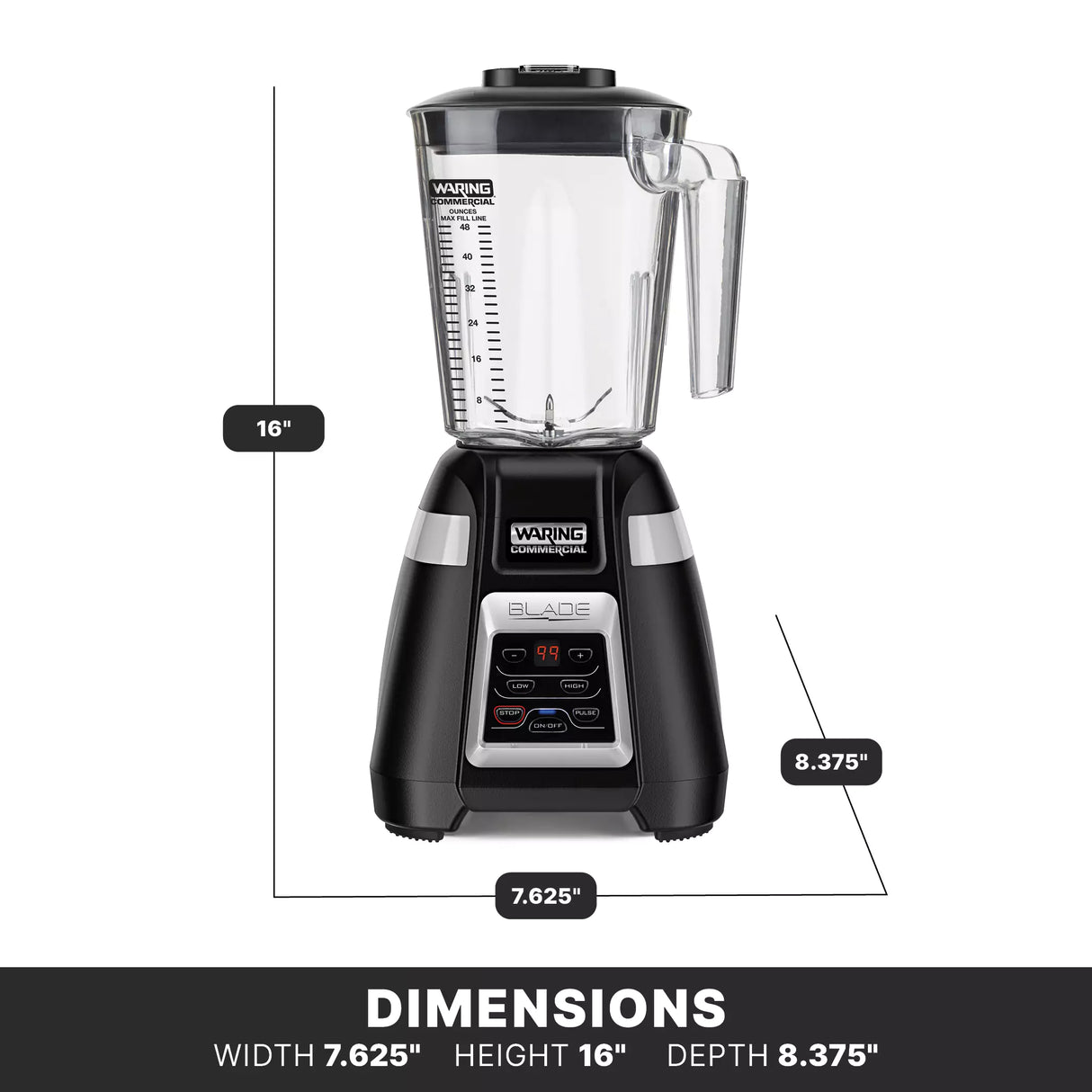 A black and silver bar blender is shown with dimensions labeled: height 16 inches, width 7.625 inches, and depth 8.375 inches. It features a clear 1.4 liter copolyester container with handle and front control buttons. “DIMENSIONS” appears at the bottom.