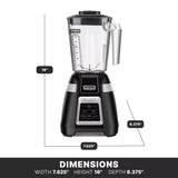 A black and silver bar blender with a clear copolyester container is shown. The image highlights its dimensions: 16 inches tall, 7.625 inches wide, and 8.375 inches deep. The base features control buttons and a digital display.