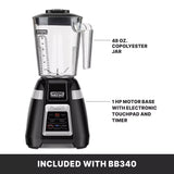 A black-and-silver Waring Bar Blender with labeled parts: a clear 1.4 liter copolyester container on top, and below, a 1 HP motor base with electronic touchpad and timer. The text at the bottom reads: “INCLUDED WITH BB340.”.