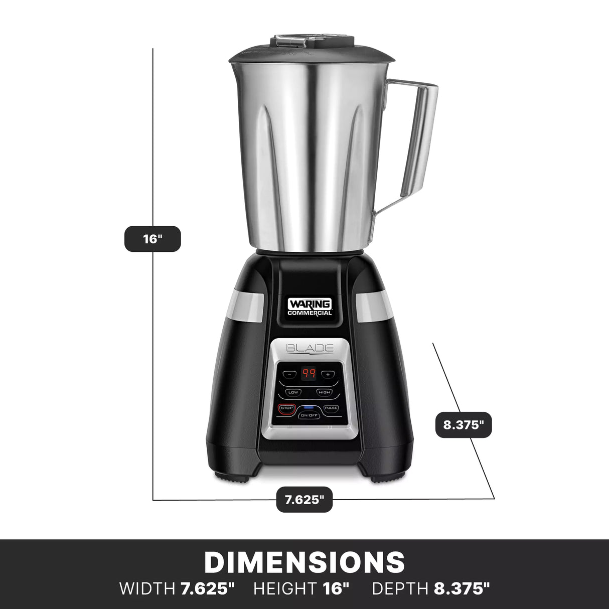 A stainless steel countertop bar blender with a handle, digital control panel, and stainless steel container. Labeled dimensions: 16 inches tall, 7.625 inches wide, 8.375 inches deep. “DIMENSIONS” appears below with measurements listed.