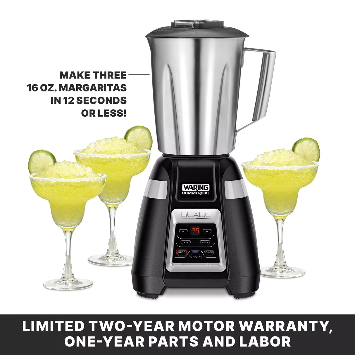 A black and silver Waring Commercial bar blender with a stainless steel container is shown beside three margarita glasses filled with yellow frozen margaritas, each garnished with lime. Text notes it makes three 16 oz. drinks in 12 seconds; warranty details below.