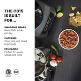 A Commercial blender with a stainless steel container sits on a dark surface next to salsa, chips, jalapeño, tomatoes, garlic, and cilantro. Text highlights the CB15’s uses—smoothie shops, catering, education. Certification logos appear below.