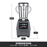 A commercial blender with a stainless steel container and black base is shown. White lines and measurements indicate its dimensions: 22.25 tall, 15 wide, and 15 deep. Bold white text on a black background confirms these measurements.