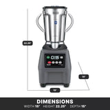A Commercial Blender with a 4 liter stainless steel container and double handles is shown front-facing. Measurements indicate its width (15), height (22.25), and depth (15). An electronic keypad and sturdy black base are visible below the container.